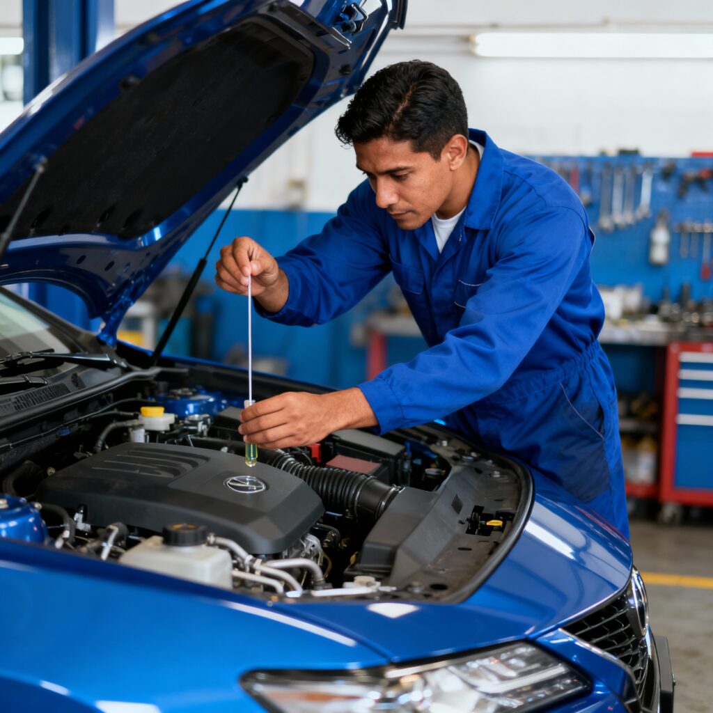 Mecánico revisando el nivel de aceite de un carro moderno azul en un taller limpio y luminoso