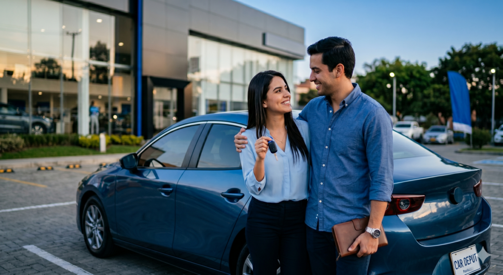 Pareja sonriente frente a su nuevo auto azul celebrando el ahorro por abono a capital crédito de vehículo.